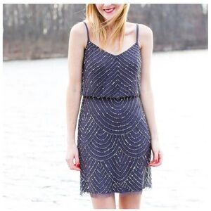 Adrianna Papell Fully Beaded Geometric Blouson Mini Dress, Sz 10, Blue & Bronze